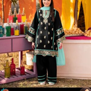 Neck, Sleeves Border Embroidery With Kayawork Shirt And Emb Trouser With Plain Contrast Dupatta Kids 3Pcs